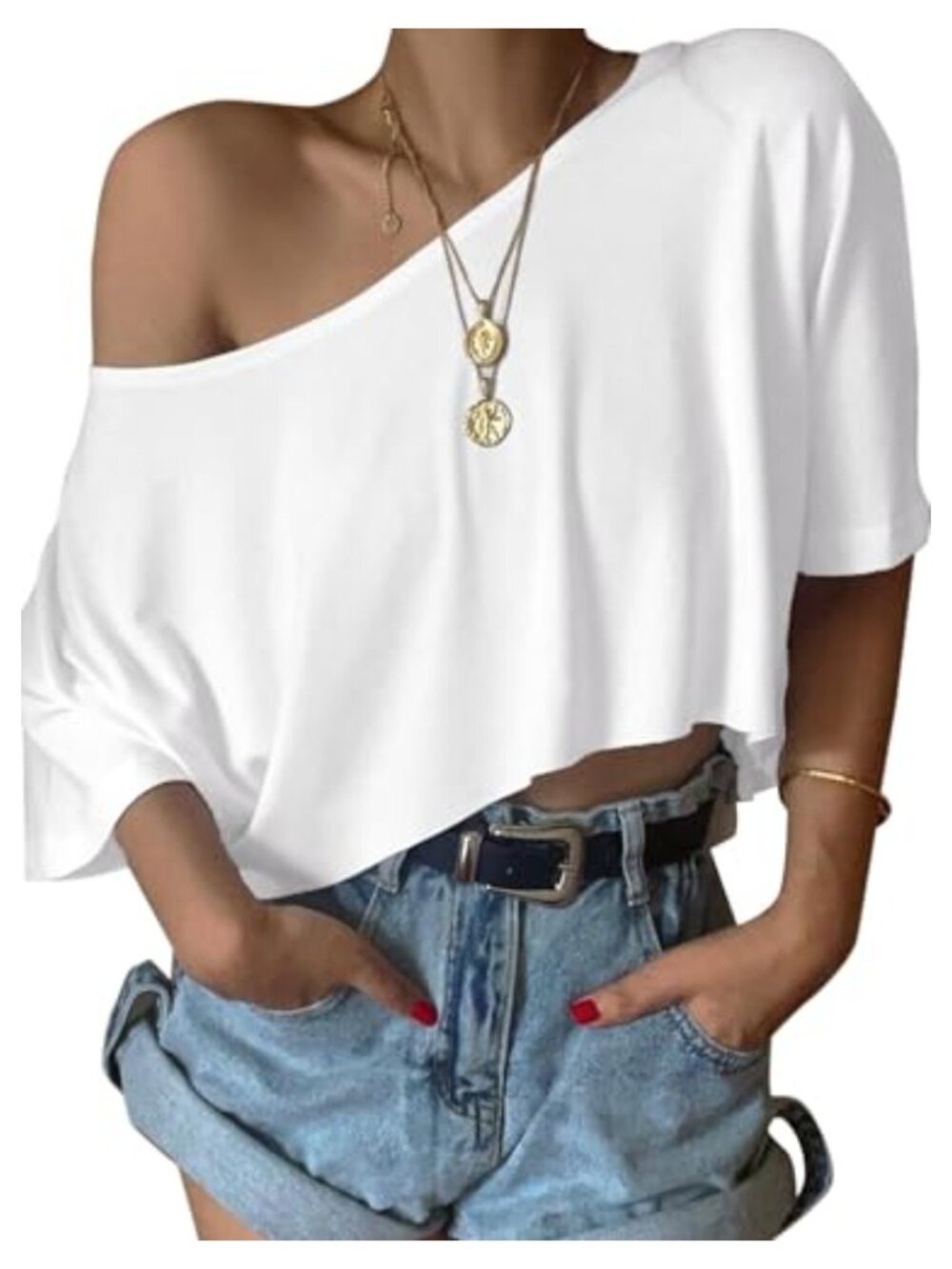Women's Off Shoulder Crop Top Long Sleeve Boat Neck Slouchy Y2K Casual